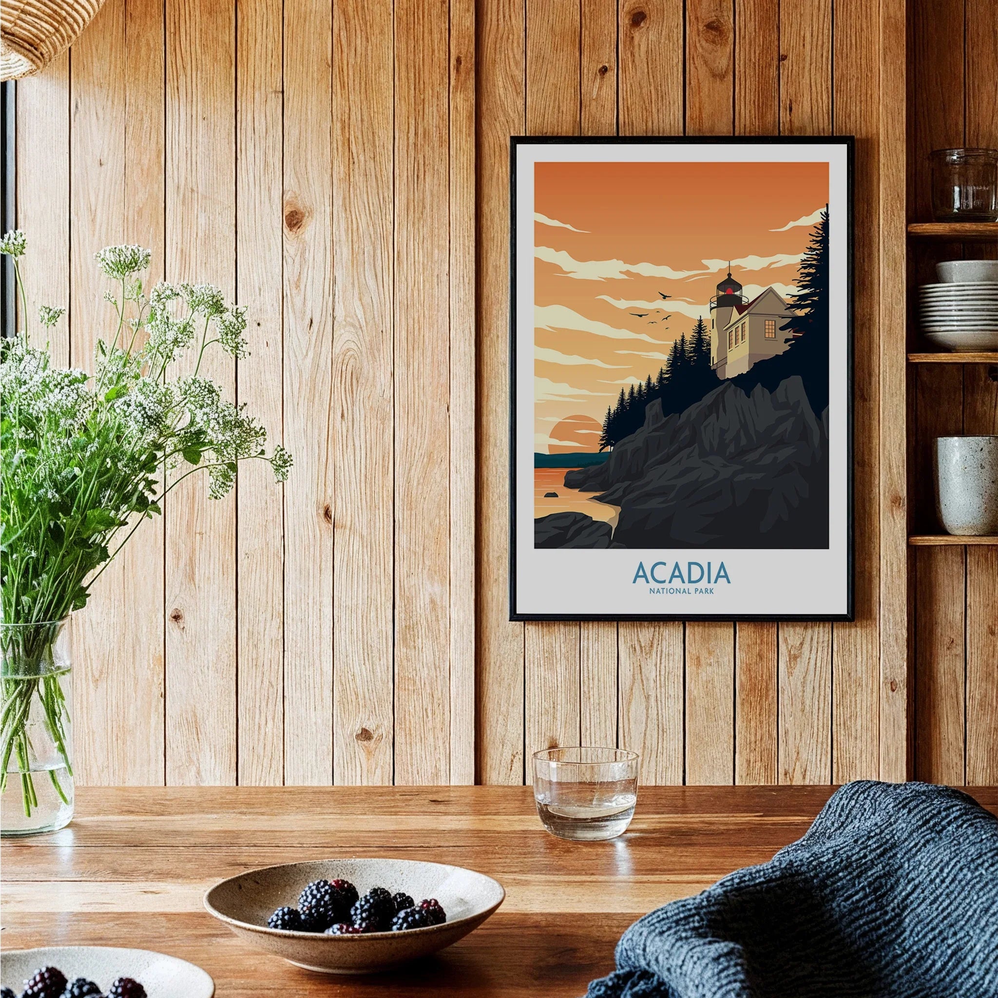 Acadia National Park art print in black frame on wooden kitchen wall, rustic decor