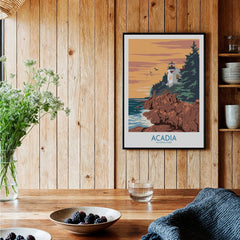 Framed Acadia National Park art print in rustic kitchen with wooden walls and fresh berries