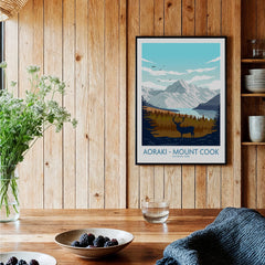 Aoraki Mount Cook National Park travel art print in black frame on rustic kitchen wall
