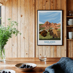 Badlands National Park framed art print with bison, displayed in rustic kitchen decor
