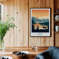 Banff National Park art print with moose silhouette on rustic kitchen wood wall, cozy decor