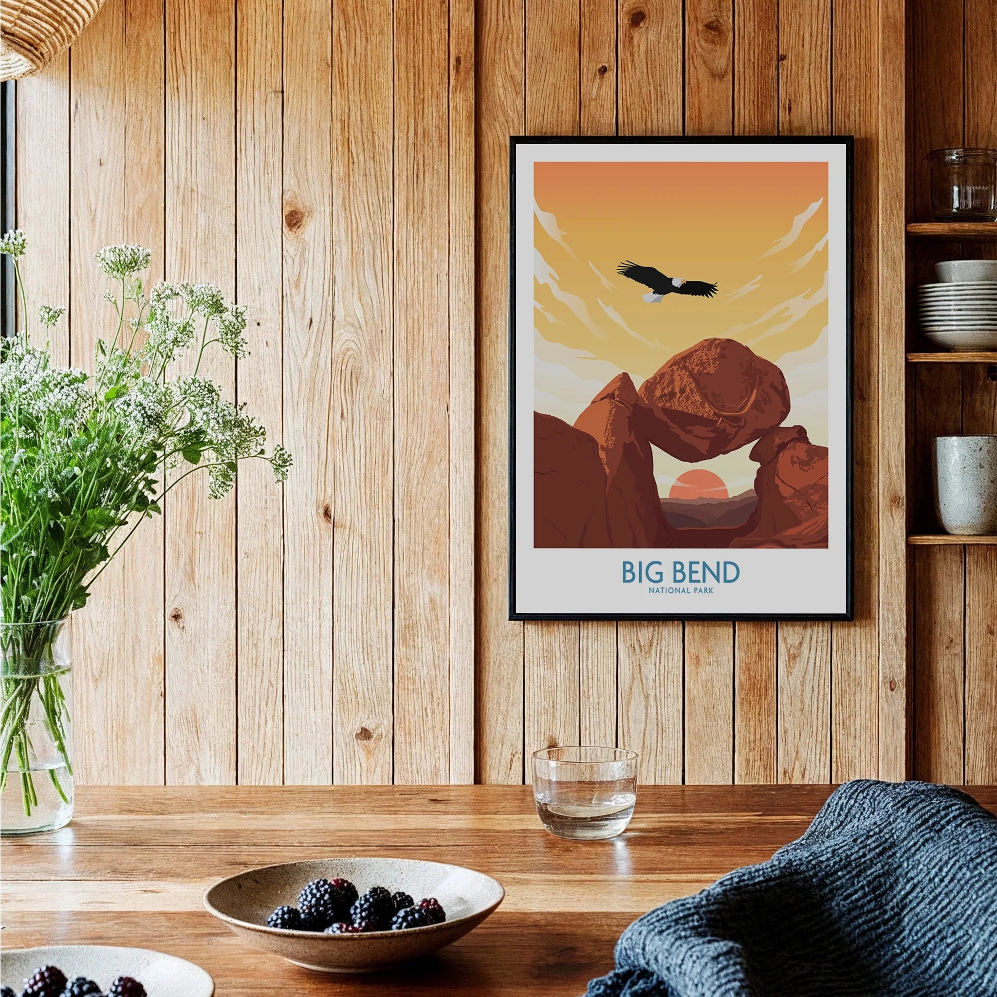 Big Bend National Park art print in black frame on wooden kitchen wall, rustic decor