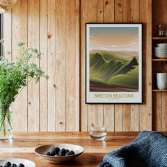 Brecon Beacons National Park framed art print displayed in a rustic kitchen setting