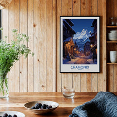 Chamonix Print ski poster featuring a snowy mountain scene, perfect for home decor and capturing adventure.