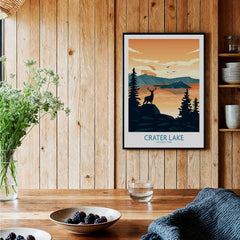 Crater Lake National Park framed art print on wooden wall in a cozy kitchen setting