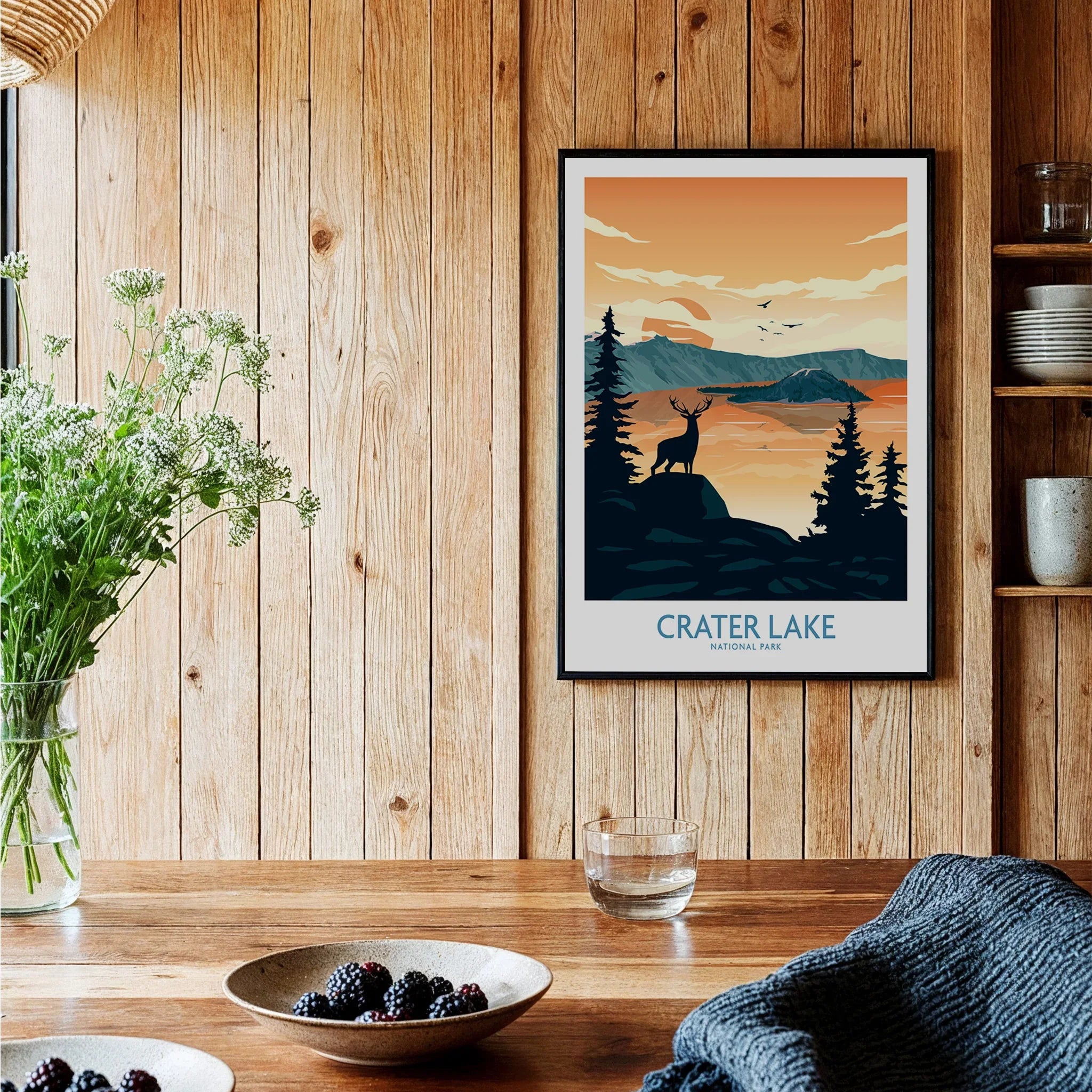 Crater Lake National Park framed art print on wooden wall in a cozy kitchen setting