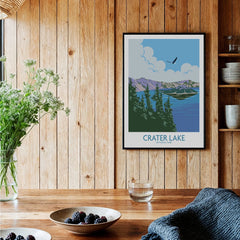 Crater Lake National Park framed art print in cozy wooden kitchen with rustic decor