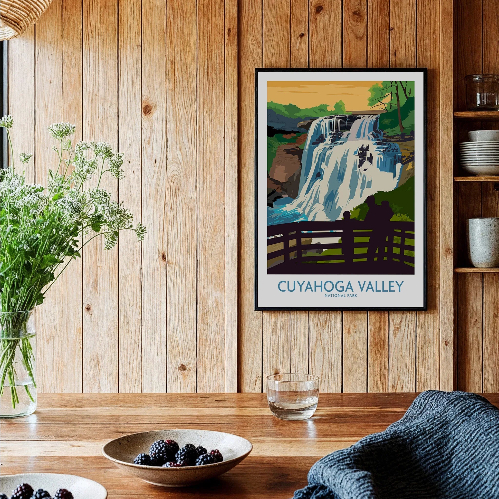 Cuyahoga Valley National Park art print in black frame on rustic kitchen wood wall