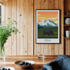 Denali National Park art print with bear, mountain landscape, in cozy wooden kitchen