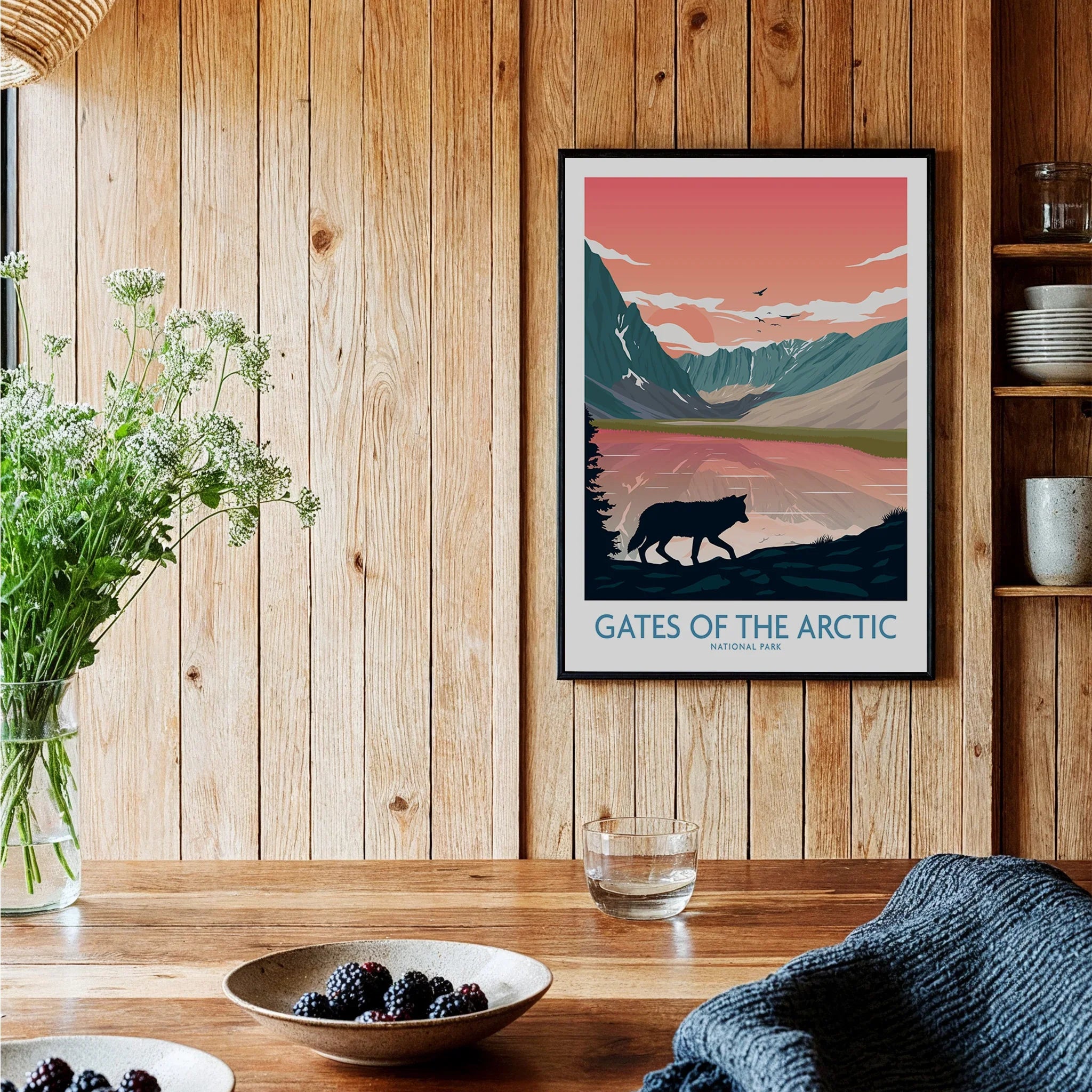 Gates of the Arctic National Park art print with bear silhouette on a rustic kitchen wall