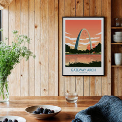 Gateway Arch art print with sunset colors in a rustic kitchen setting, wall decor