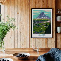Glacier National Park art print with mountain landscape in a rustic kitchen setting