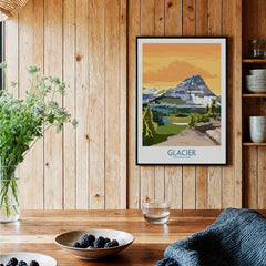 Glacier National Park art print in black frame displayed in rustic kitchen setting