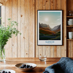 Glencoe National Park framed art print on wooden kitchen wall, rustic home decor