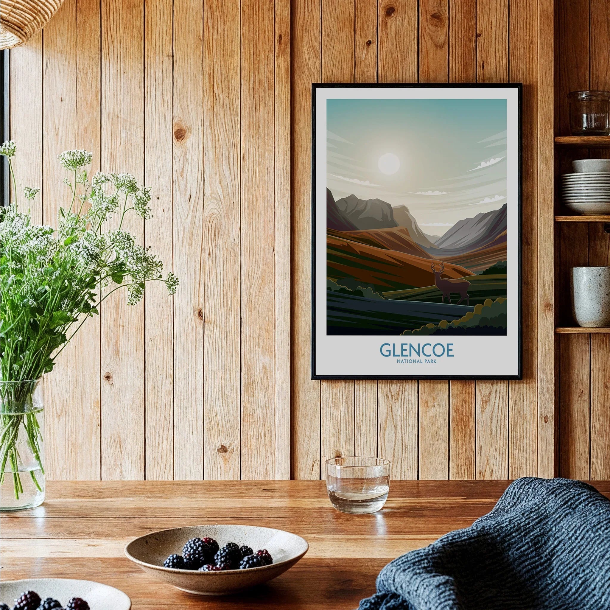 Glencoe National Park framed art print on wooden kitchen wall, rustic home decor