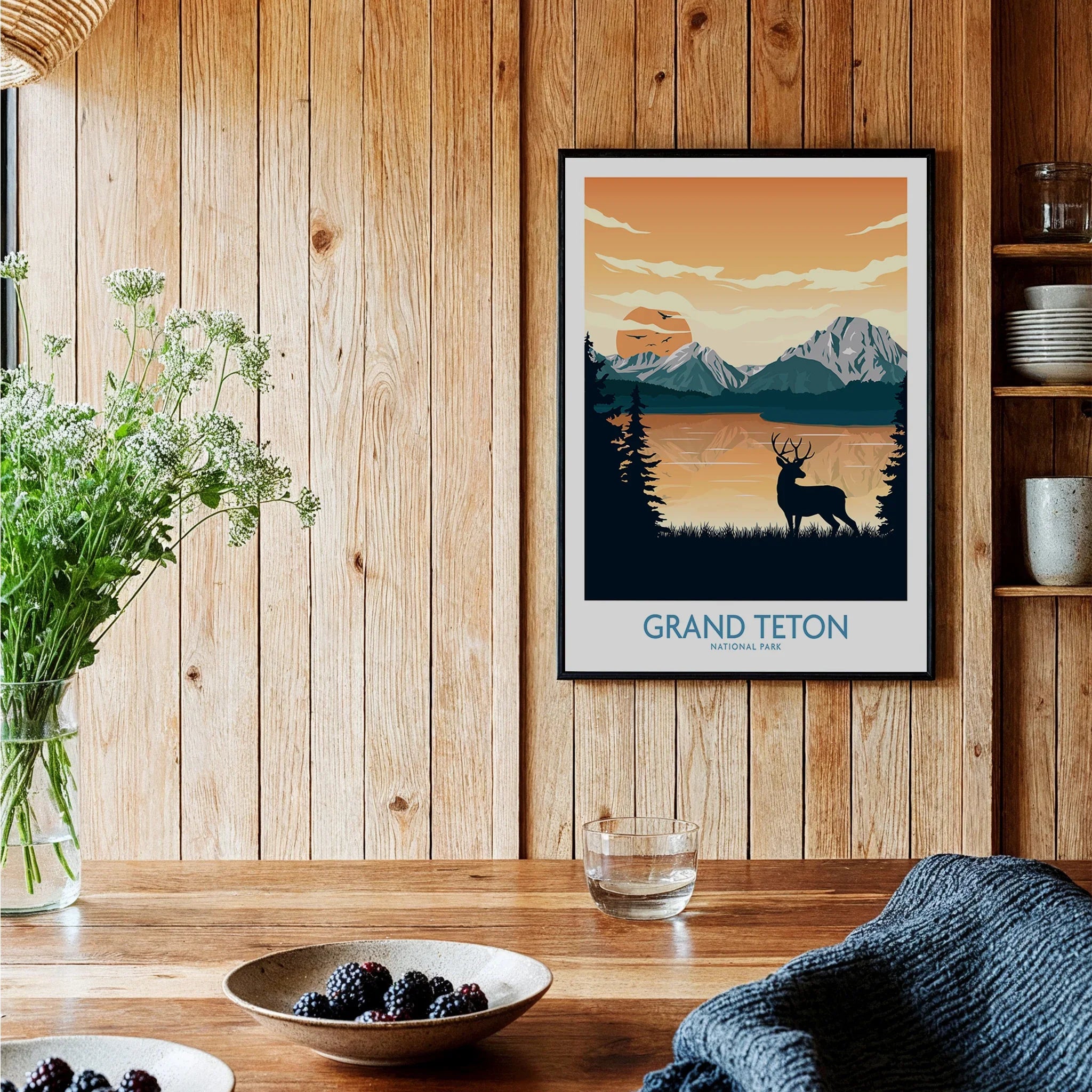 Grand Teton National Park art print with deer and mountains in a rustic kitchen setting