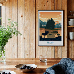 Jasper National Park art print with moose and lake, framed in cozy wood kitchen setting.