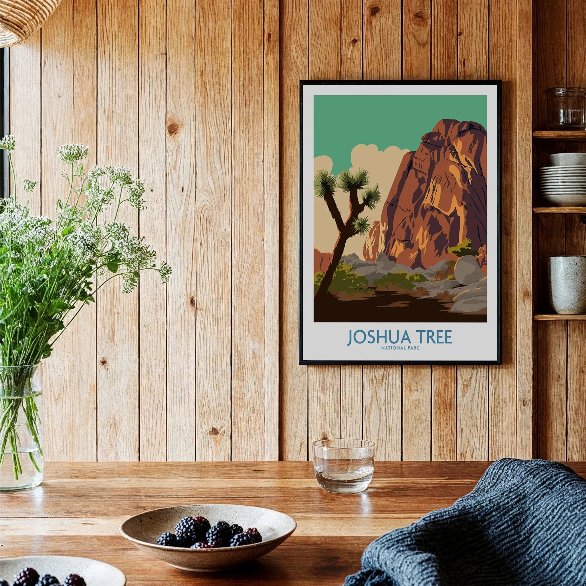 Joshua Tree National Park art print in black frame displayed in rustic kitchen decor