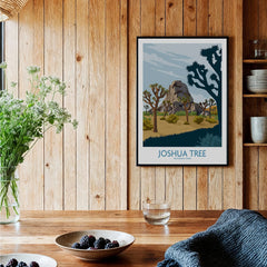 Joshua Tree National Park art print in black frame on wood kitchen wall, rustic decor