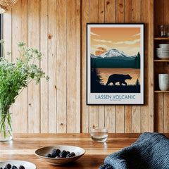 Framed Lassen Volcanic National Park art print with bear and mountain in rustic kitchen
