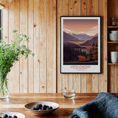 Loch Lomond framed travel poster on rustic wood kitchen wall with bowls of berries
