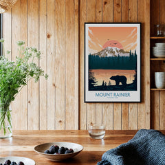 Framed Mount Rainier National Park art print hanging on a wooden kitchen wall