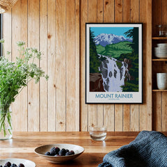 Mount Rainier National Park art print with waterfall in a modern kitchen wall decor setting