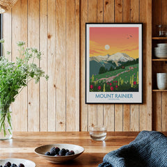 Mount Rainier National Park art print in black frame displayed in cozy wooden kitchen setting