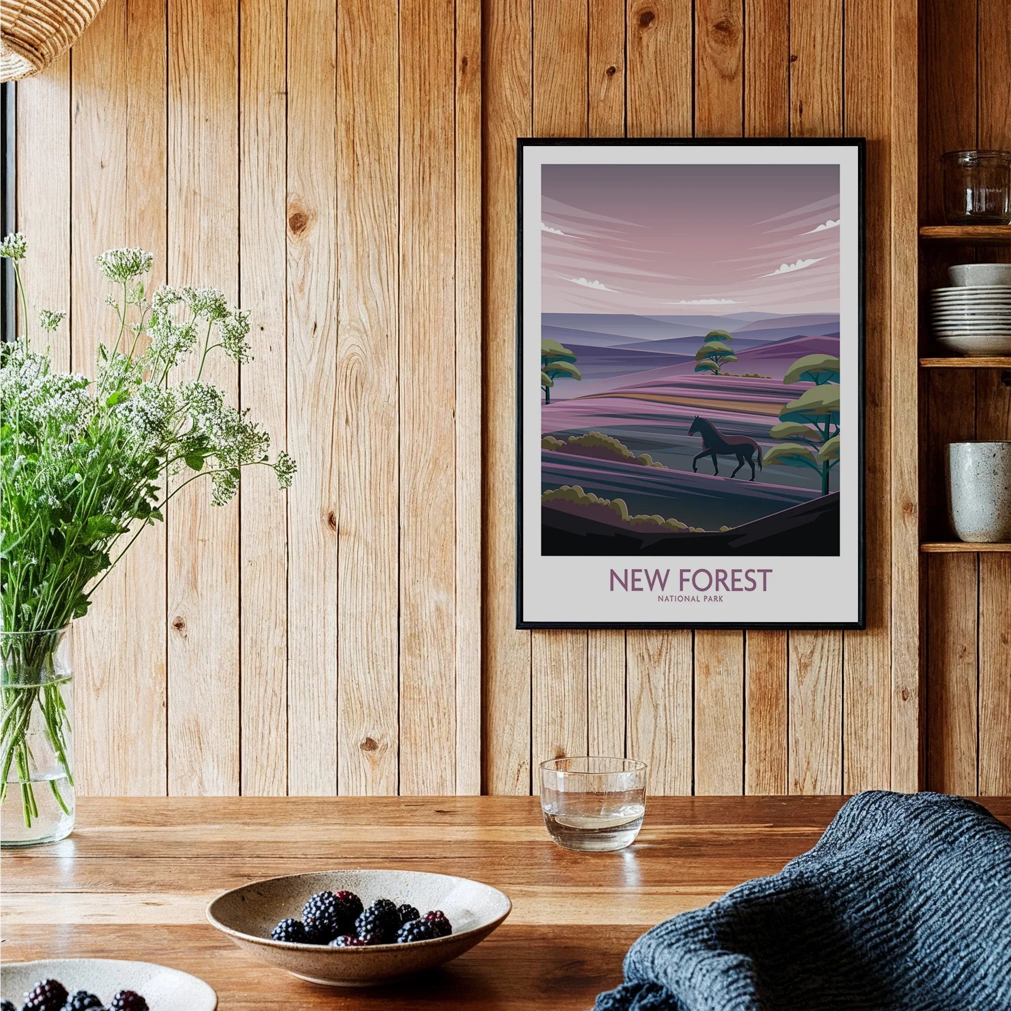 New Forest National Park art print with horse in landscape, framed on rustic kitchen wall