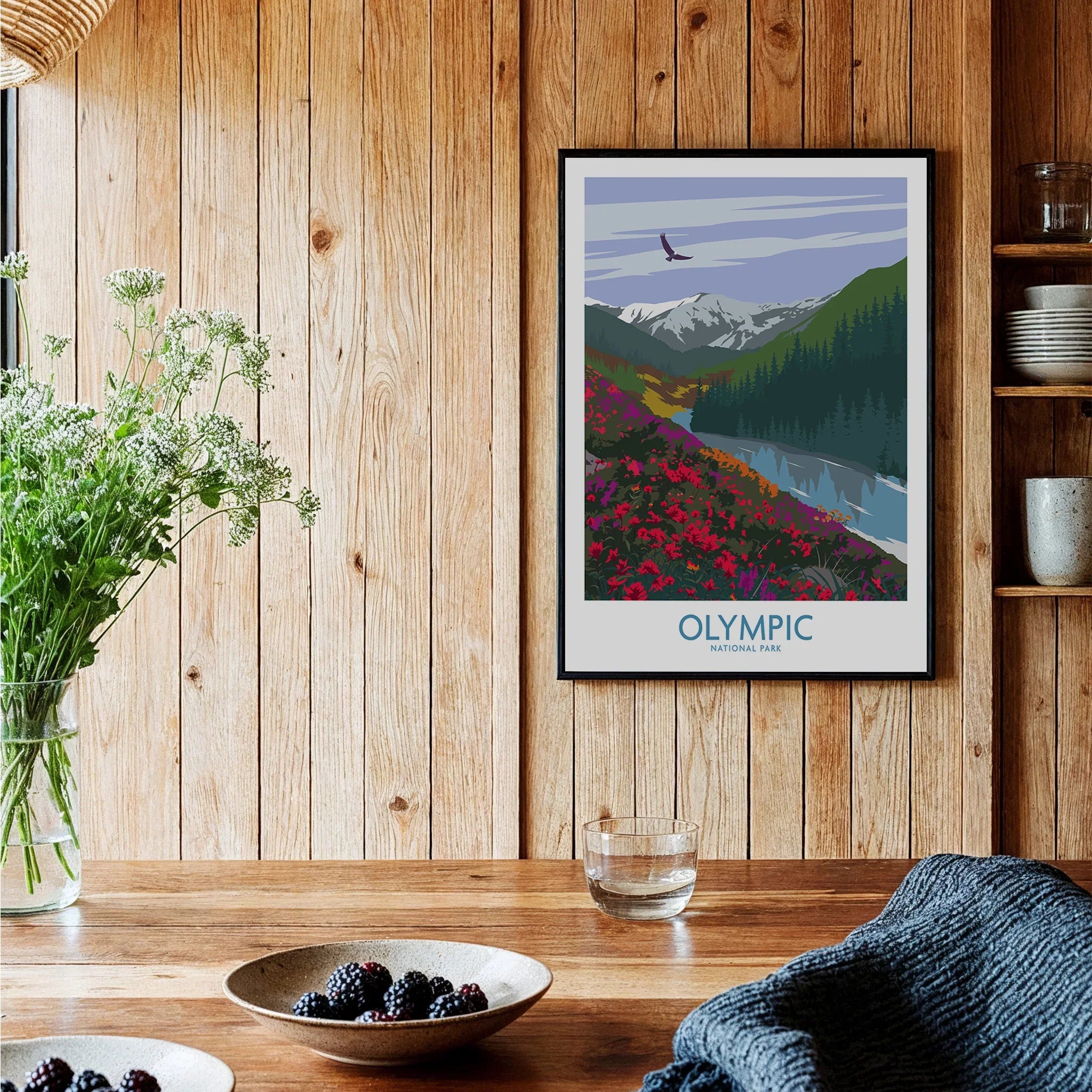 Olympic National Park art print in black frame on wooden kitchen wall, rustic decor