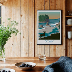 Olympic National Park art print with deer on coastal landscape, framed in rustic kitchen decor