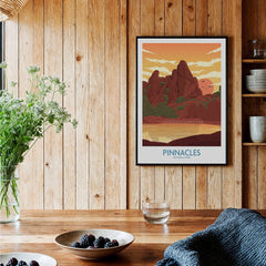 Pinnacles National Park art print in black frame on wood kitchen wall with rustic decor