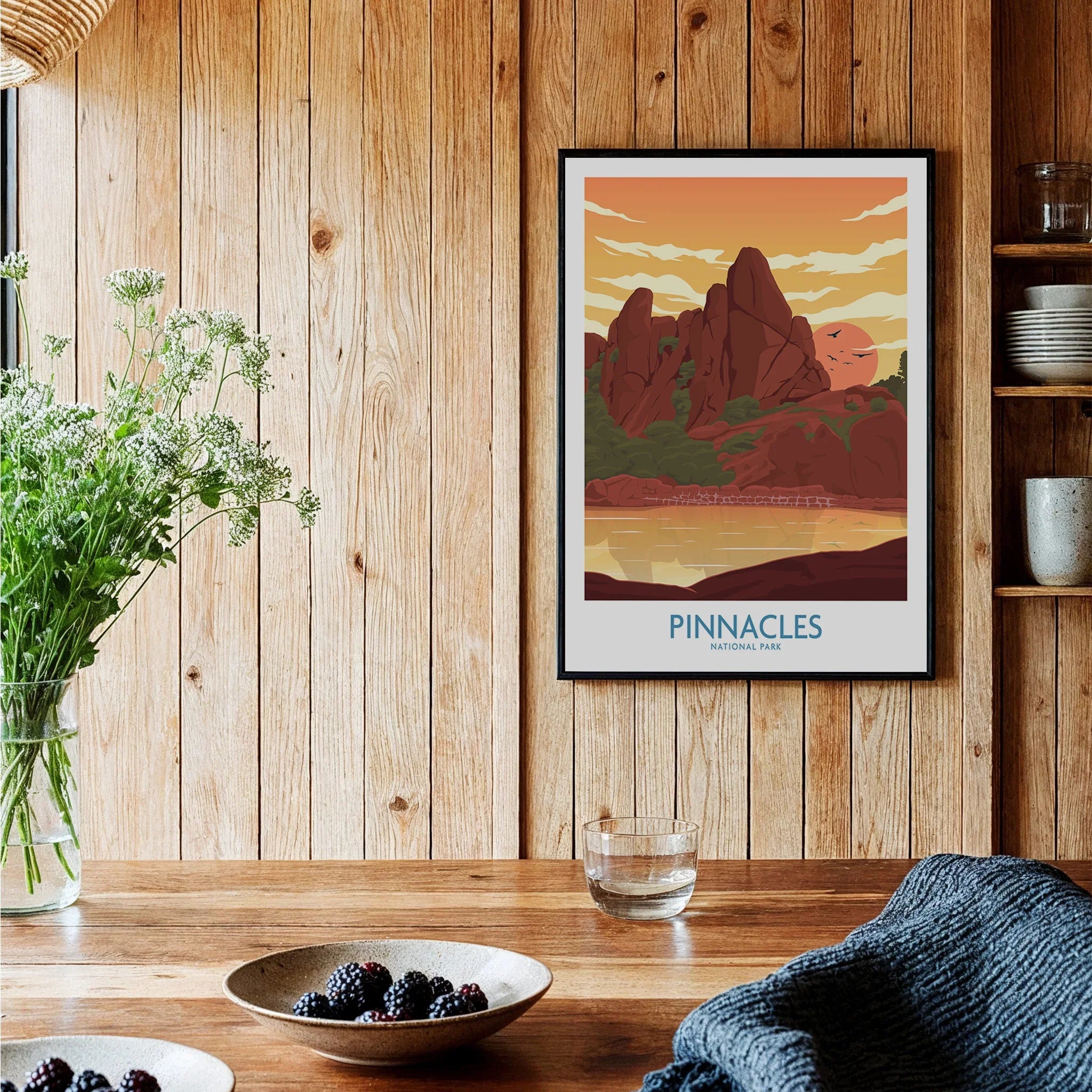 Pinnacles National Park art print in black frame on wood kitchen wall with rustic decor