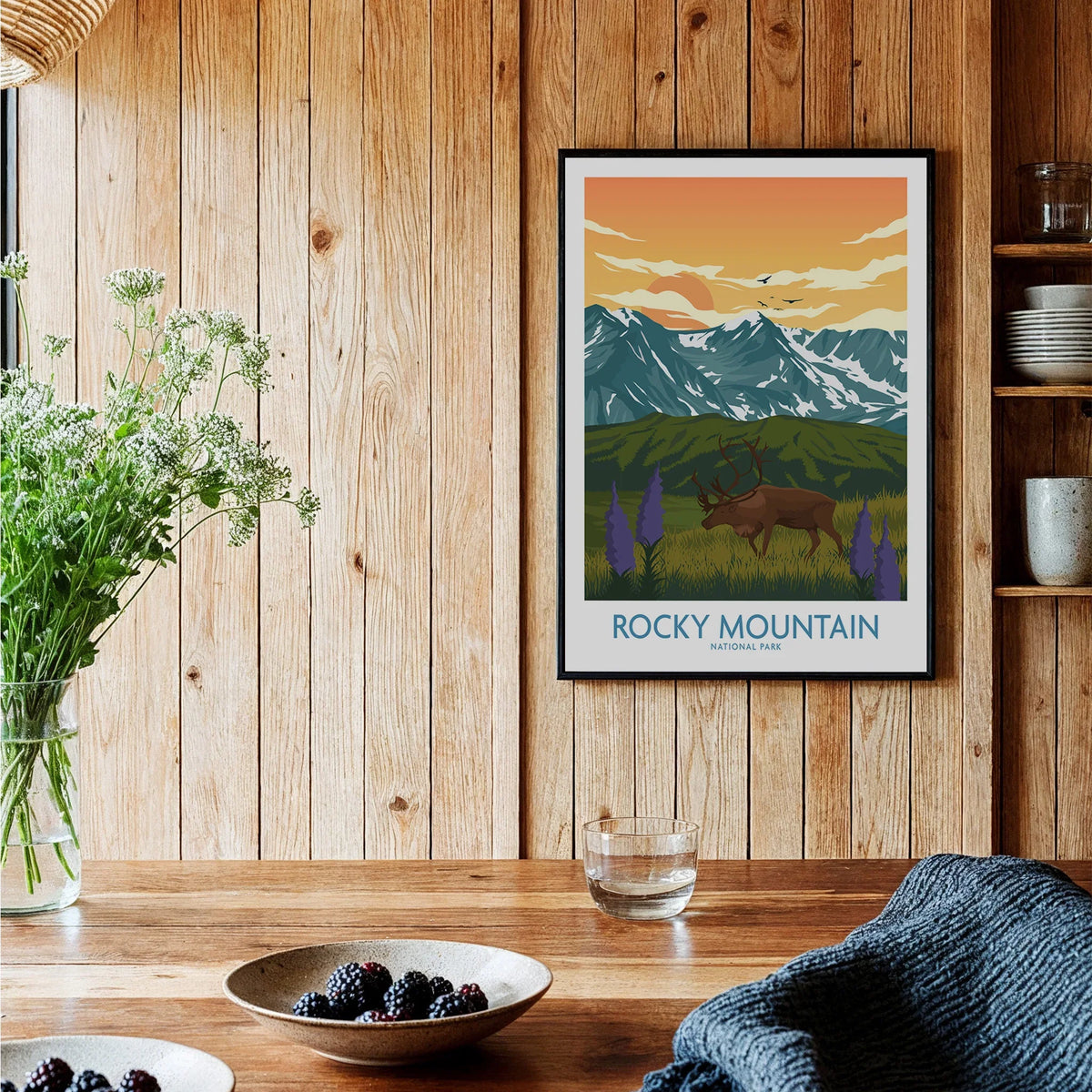 Rocky Mountain National Park art print with elk in rustic wood kitchen setting