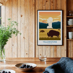 Yellowstone National Park travel poster with bison in rustic kitchen wall art setting