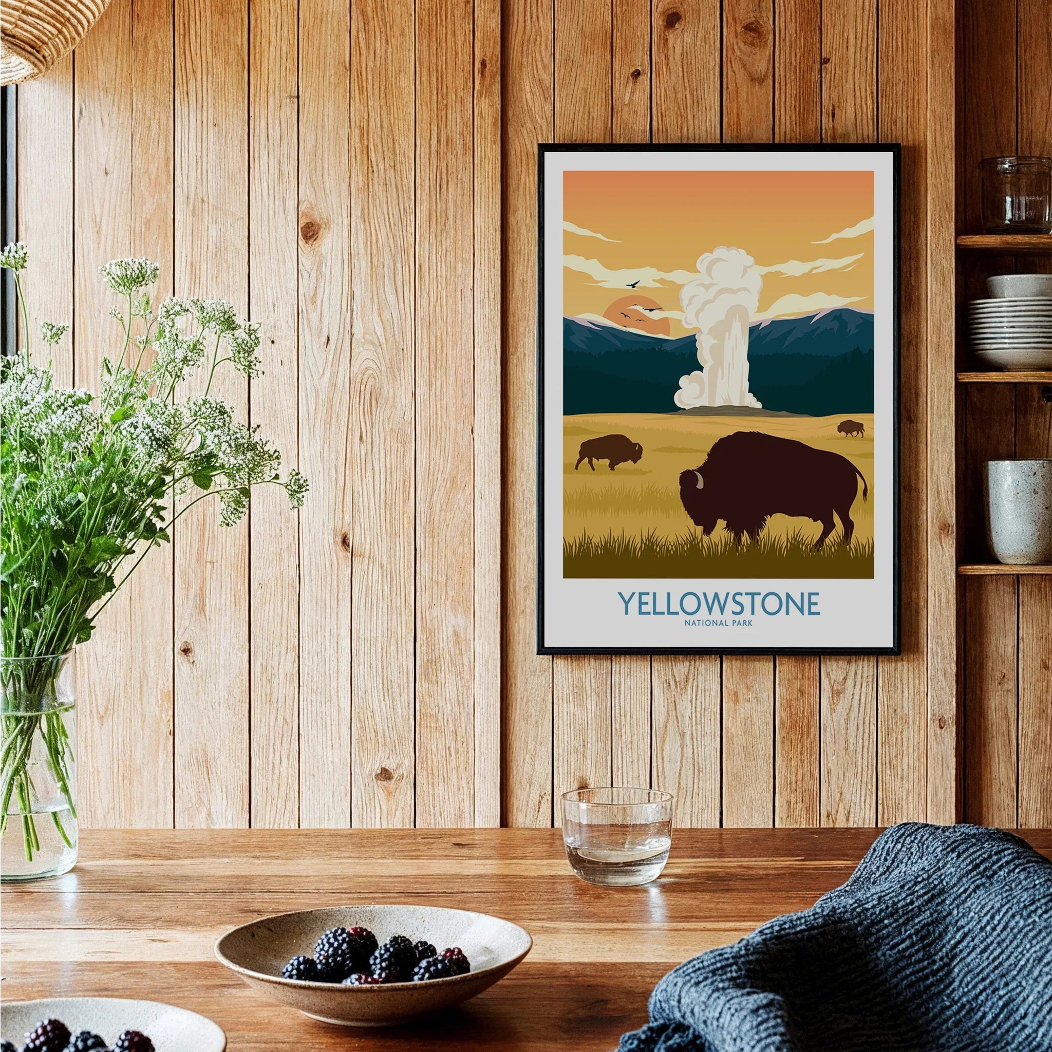 Yellowstone National Park travel poster with bison in rustic kitchen wall art setting