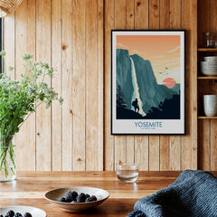 Yosemite National Park art print in black frame on wooden kitchen wall, rustic decor