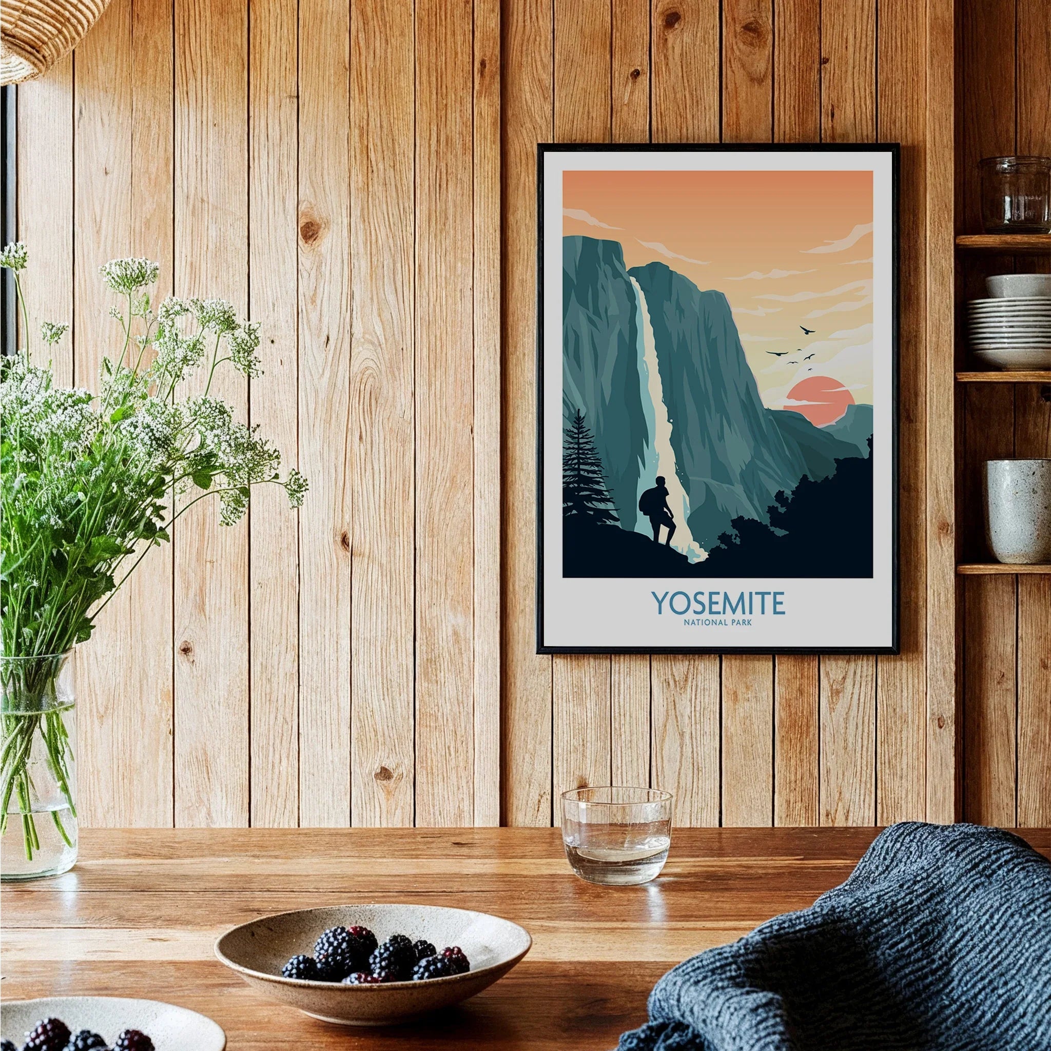 Yosemite National Park art print in black frame on wooden kitchen wall, rustic decor