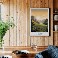 Yosemite National Park art print in black frame on rustic kitchen wall, modern home decor