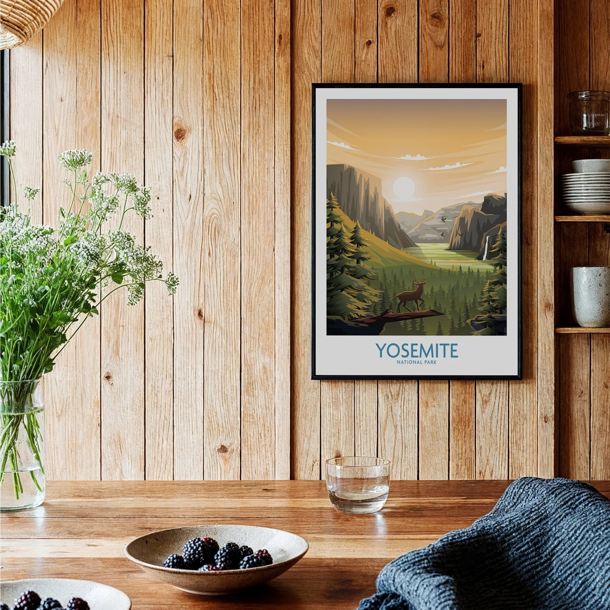 Yosemite National Park art print in black frame on rustic kitchen wall, modern home decor