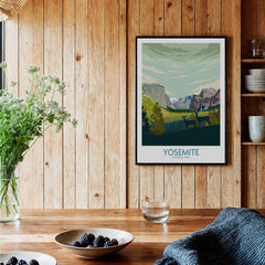Yosemite National Park art print in black frame on wood kitchen wall with rustic decor
