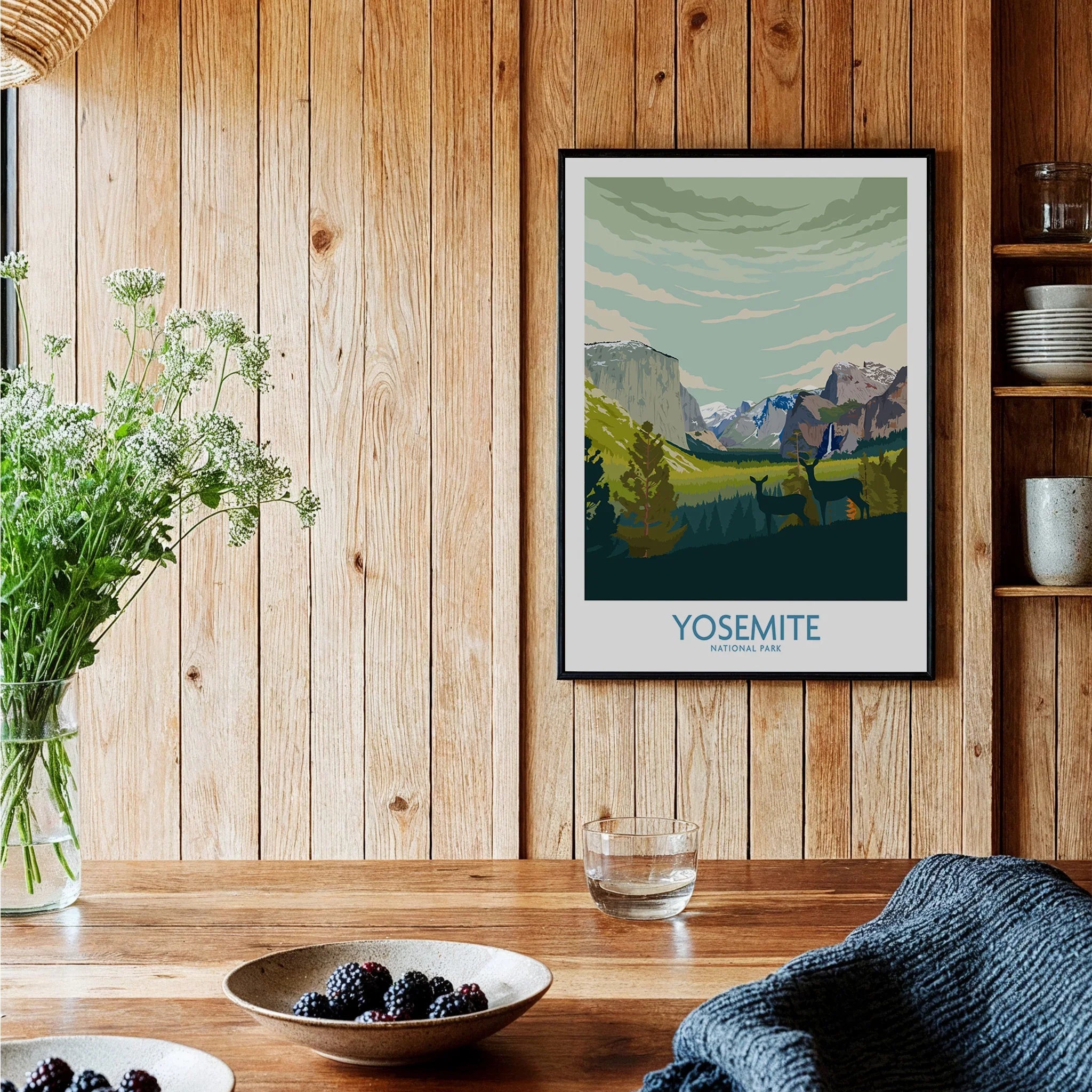 Yosemite National Park art print in black frame on wood kitchen wall with rustic decor