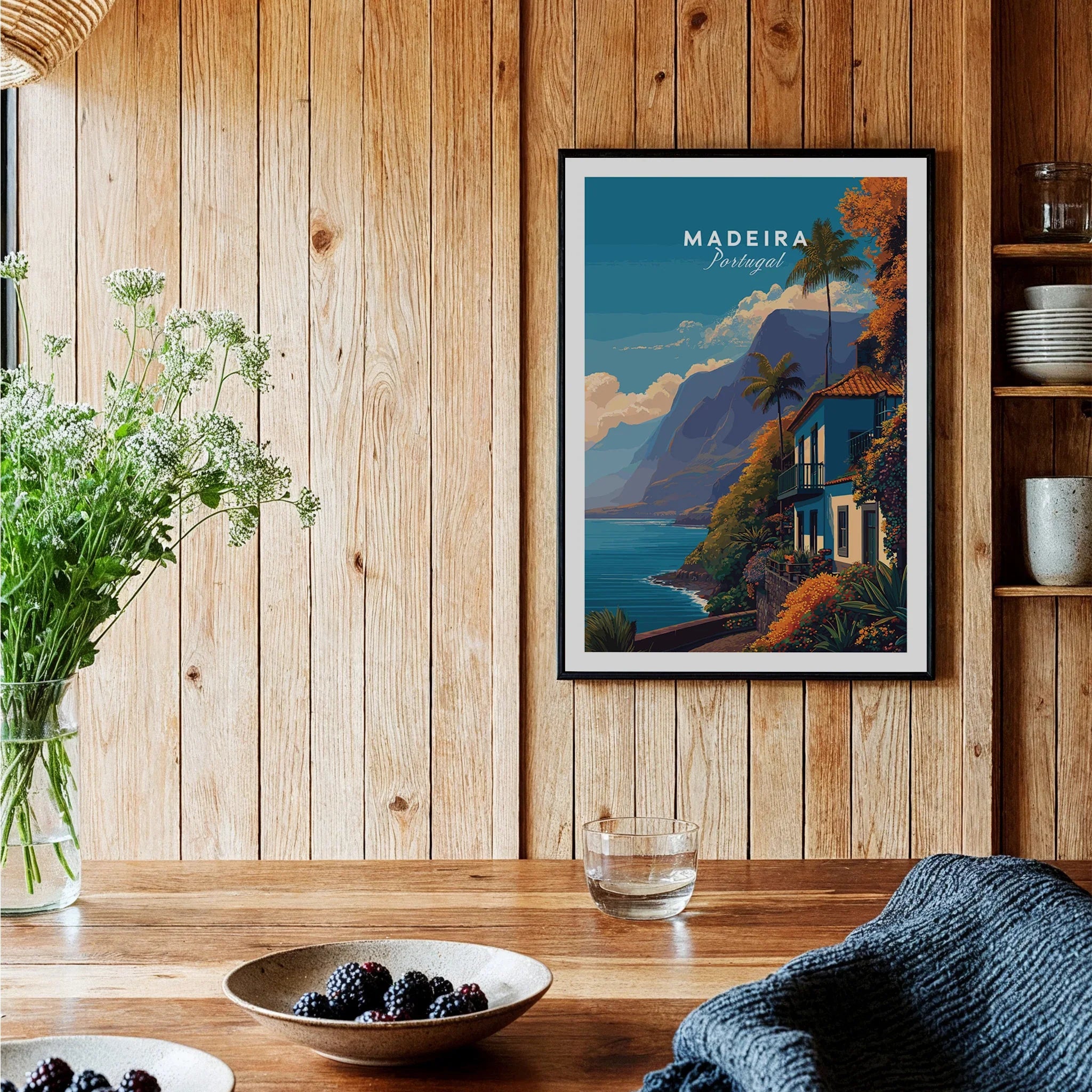 Madeira Portugal travel poster art print in black frame on rustic kitchen wall