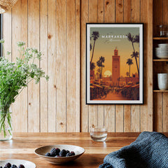 Marrakesh Morocco Wall Art Print | Koutoubia Mosque Travel Posters in a cozy interior setting.