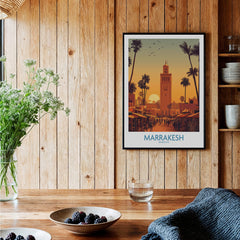Marrakesh Morocco Posters | Historic Medina Sunset Canvas Print featuring a sunset over the medina and palm trees.