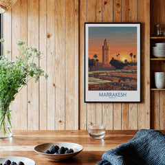 Marrakesh Morocco Canvas Art Print | Jemaa el-Fnaa Market Scene Poster displayed in a rustic setting with wooden decor.