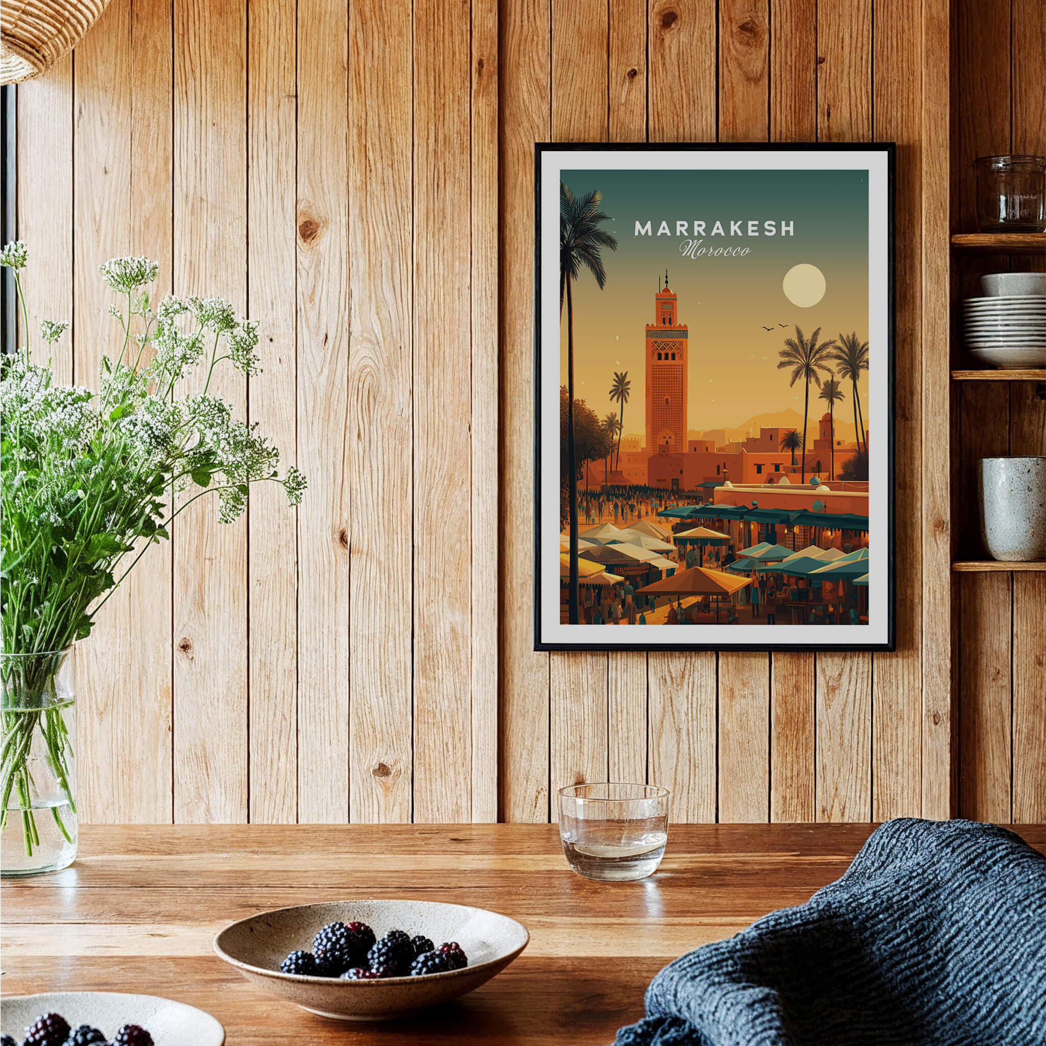 Marrakesh Morocco Wall Art Print | Bustling City Market Travel Posters displayed in a cozy home setting.