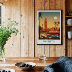 Marrakesh Morocco Poster | Traditional Moroccan Architecture Canvas Print featuring palm trees and a vibrant sunset.