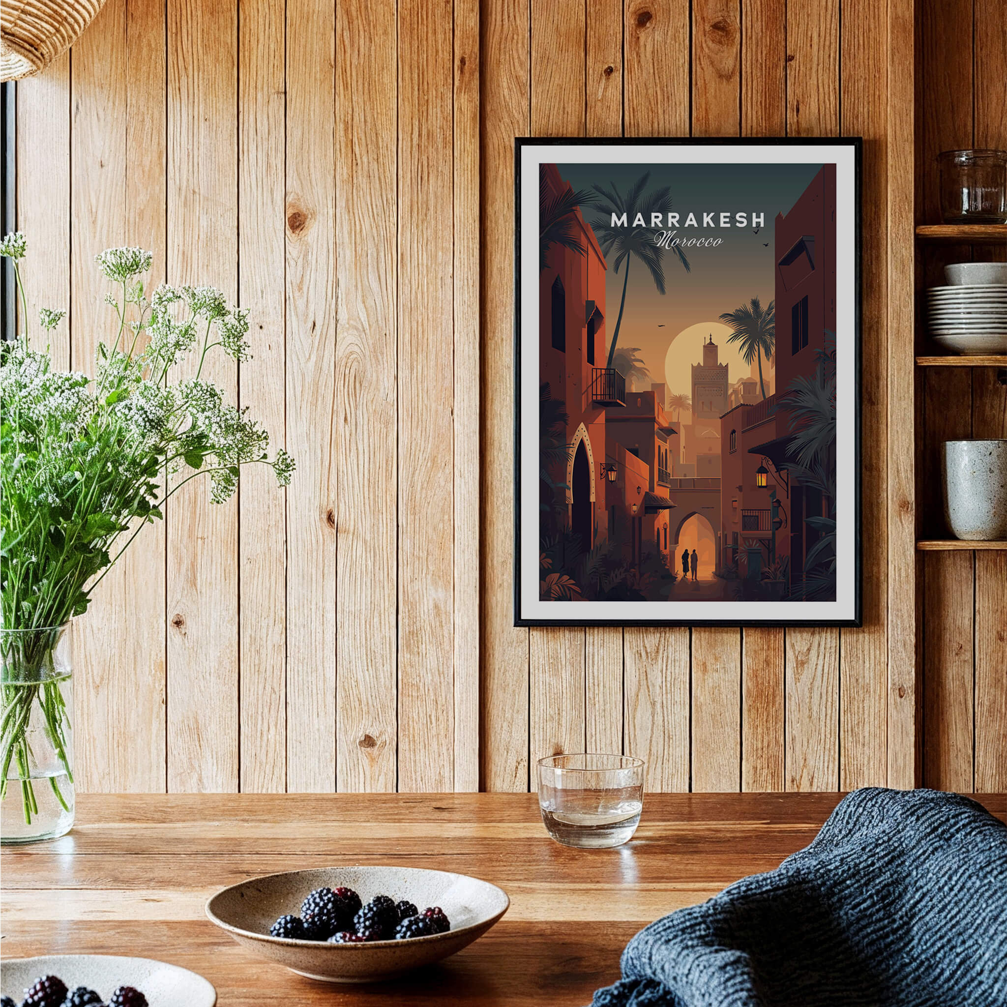 Marrakesh Morocco Wall Art Print | Sunset Medina Alleyway Travel Poster displayed in a cozy interior with wooden walls.