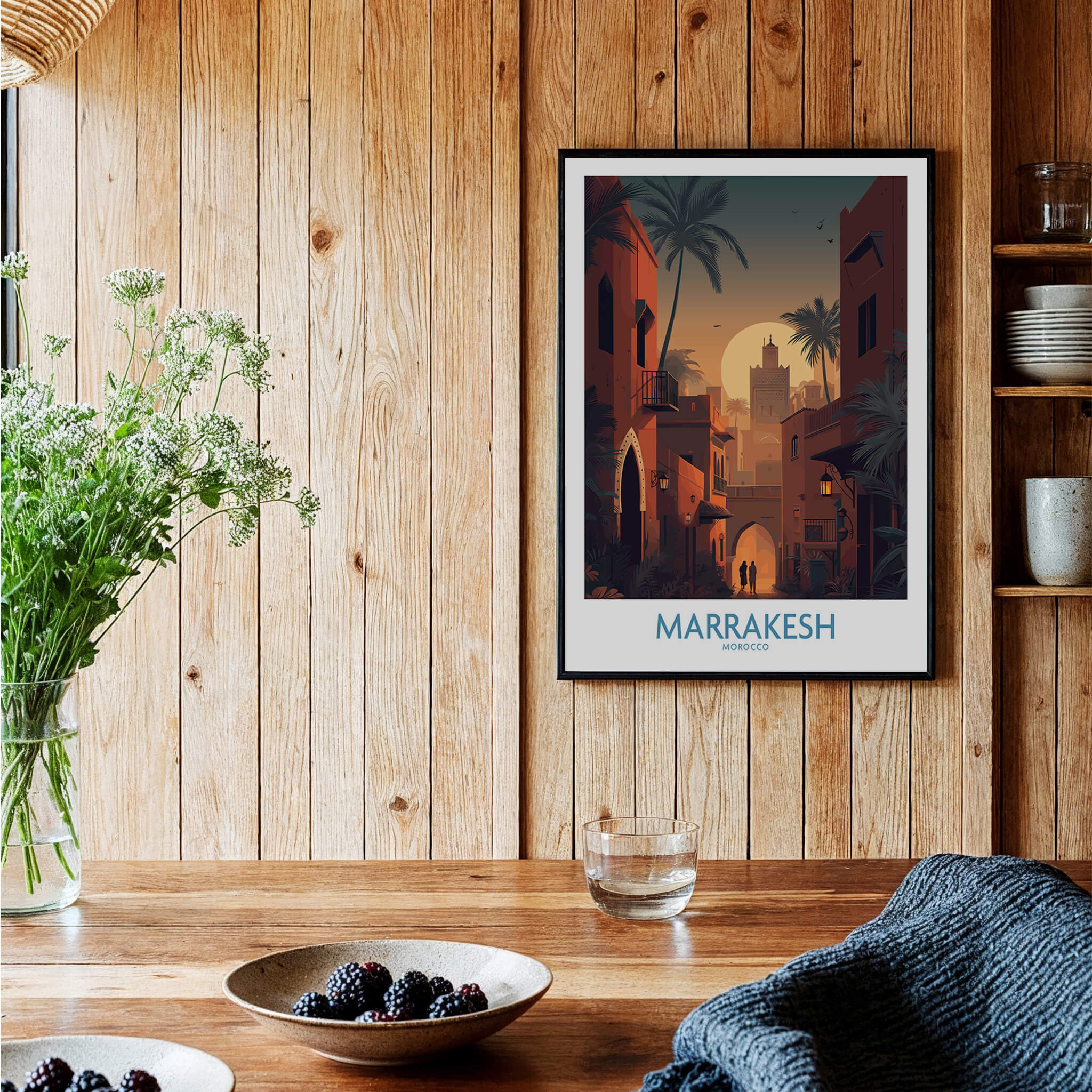 Marrakesh Morocco Poster | Romantic Moroccan Twilight Canvas Print displayed in a cozy interior with natural decor.